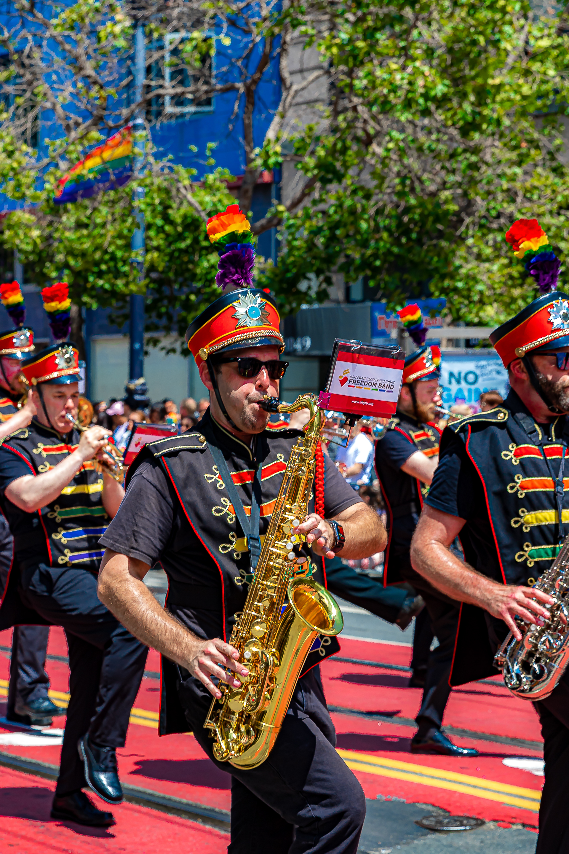 SF Pride marching band — snare drummers leading the section
